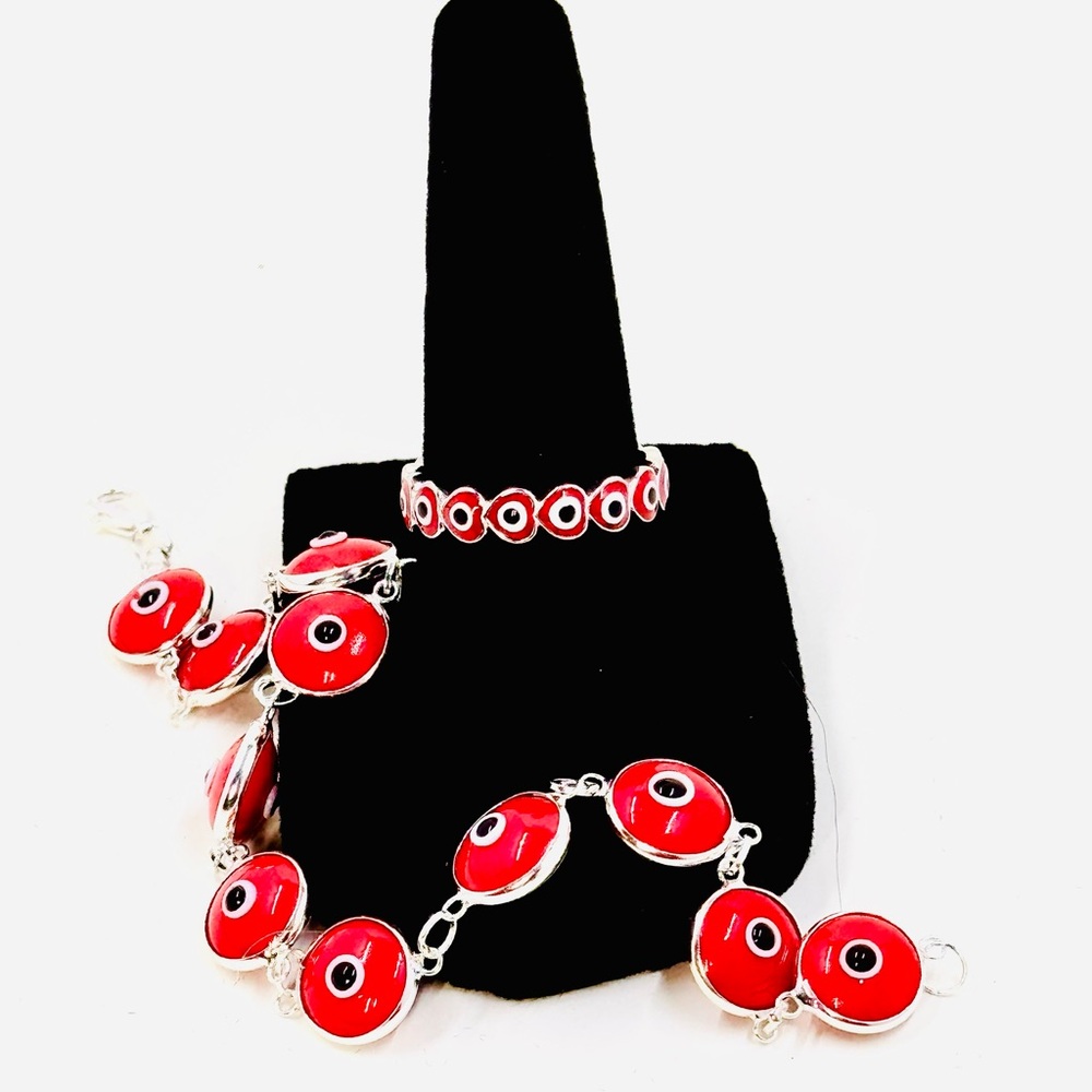 .925 Sterling Silver Red Evil Eye 🧿 Bracelet &Ring Set NEW 🎁